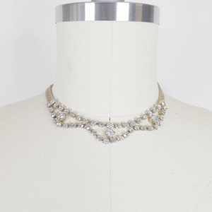 1950s Rhinestone Choker | Vintage 50s Gold Tone Mesh  Formal Evening Necklace | Womens Costume Jewelry