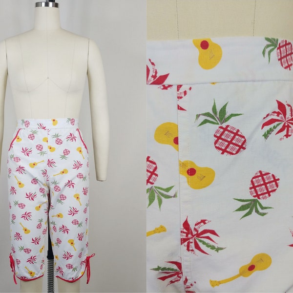 1950s Ukeleke Pineapple Novelty Print Cotton Capris | Vintage 50s Hawaiian Tiki Tropical Clamdigger Pants | Women's Clothing Medium 28 Waist