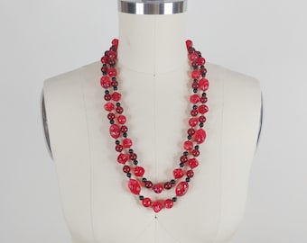 1950s Two Strand Beaded Necklace | Vintage 50s Red Acrylic Bead Necklace