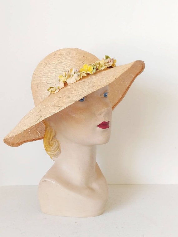 1930s Peach Pink Brim Straw Hat | Vintage 30s Spri
