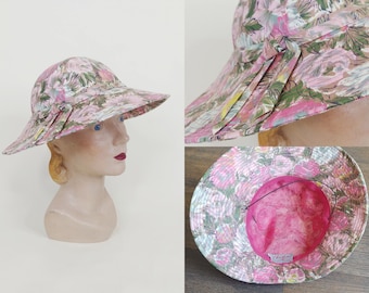 1950s Christine Original Rose Print Cotton Asymmetrical Brim Sun Hat | Vintage 50s Pink Green Floral Saucer Hat | Women's Spring Summer Hats