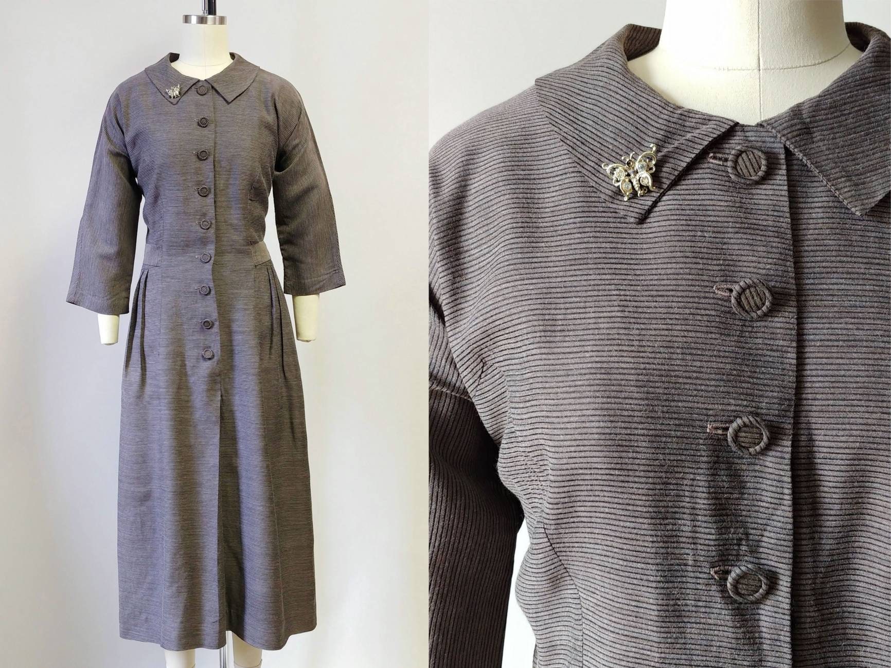 1950S Brown Ribbed Day Dress | Vintage Miss Peg Palmer, S/M