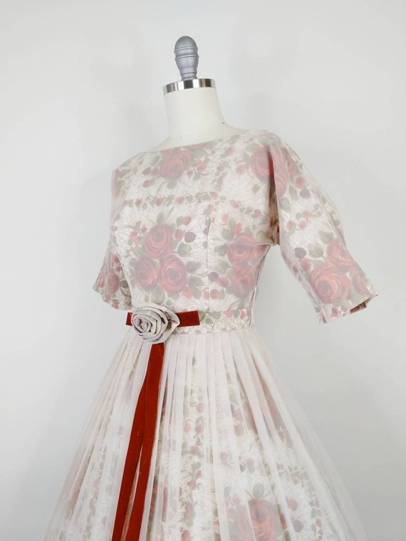 1950s Rose Print Floral Illusion Dress | Vintage … - image 6