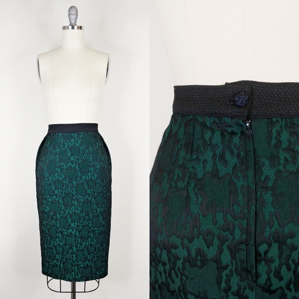 1980s Guy Laroche Brocade Pencil Skirt | Vintage 80s Emerald Green Black Sheath Skirt | Womens Designer Clothing Large 30 Waist