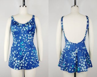 1970s Jantzen Blue and White Floral One Piece Swimsuit | Vintage 70s Skirted Low Back Bathing Suit | Womens Swimwear Large