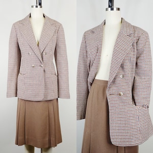 1970s Houndstooth Wool Skirt Suit | Vintage 70s John Meyer Menswear Blue Brown Double Breasted Jacket Pleated Skirt | Womens Clothing Medium