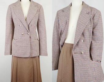 1970s Houndstooth Wool Skirt Suit | Vintage 70s John Meyer Menswear Blue Brown Double Breasted Jacket Pleated Skirt | Womens Clothing Medium