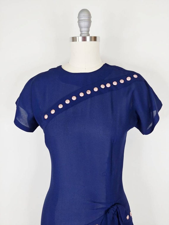 1940s Navy Blue Rayon Stud Dress | Vintage 40s Da… - image 3
