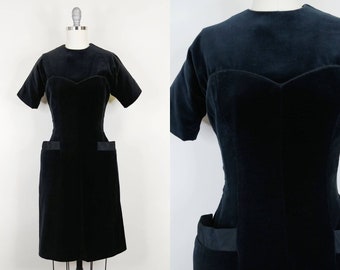 1950s Black Velvet Wiggle Dress | Vintage Velour Sheath, Sweetheart Neckline