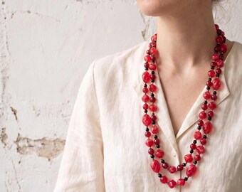 1950s Red Beaded Necklace, Vintage 50s Two Strand Acrylic Bead Costume Jewelry