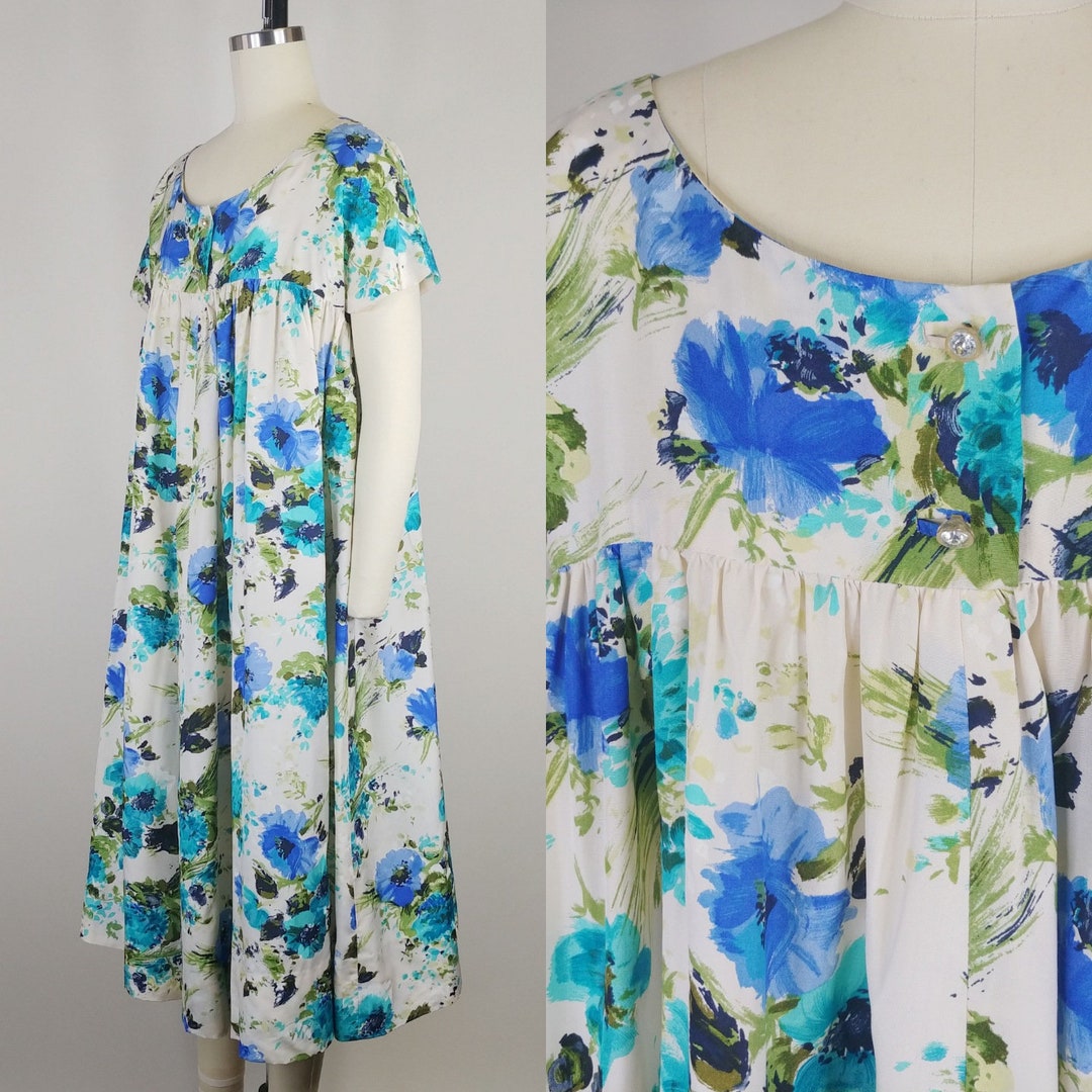 1960s Silk Floral Mumu Vintage 60s Blue Moomoo Dress UK