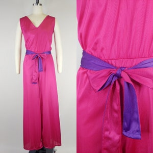 1970s Hot Pink Nylon Wide Leg Lounge Jumpsuit | Vintage 70s V Neck Sleepwear Pajamas