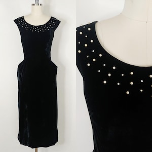 1950s Black Velvet Cocktail Dress with Pockets | Vintage 50s Evening Sheath Dress
