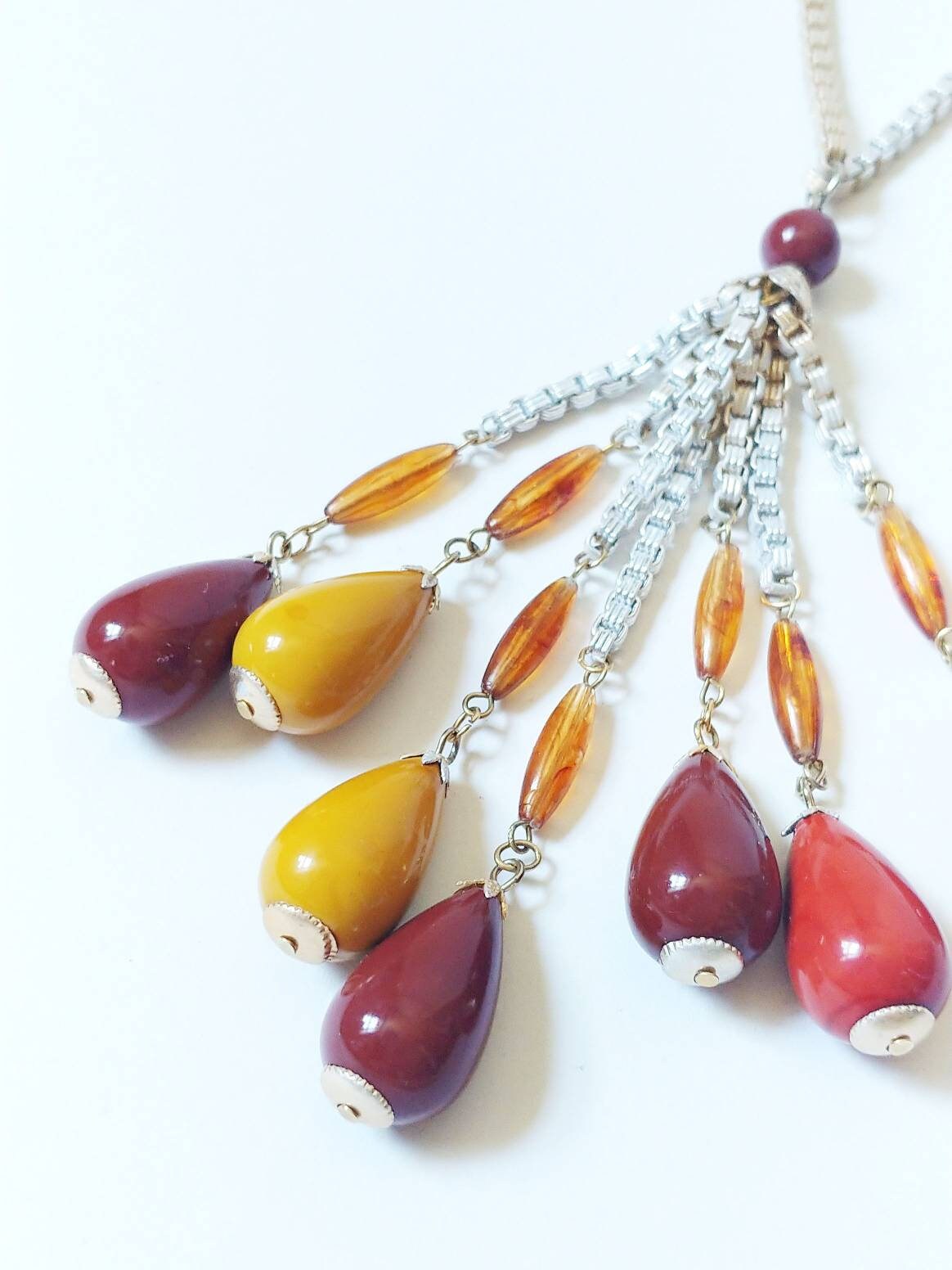 Collier Sautoir Perles Résine Orange à Facettes Marron - Bijou Vintage 5505 - Occasion Impeccable