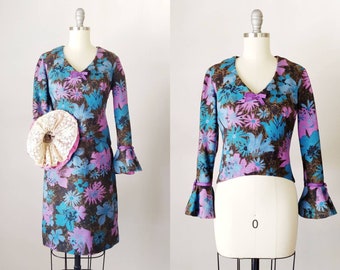 1960s Floral Skirt Suit | Young Edwardian Trumpet Sleeve Top, XS