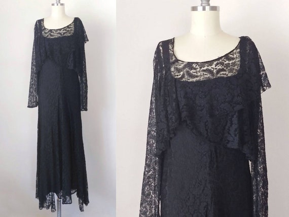 1930s Black Lace Bias Cut Tea Dress | Vintage 30s