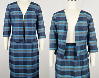 1950s Blue Plaid Skirt Suit | Vintage 50s Pencil Skirt and Jacket | Womens Two Piece Set Small 26 Waist