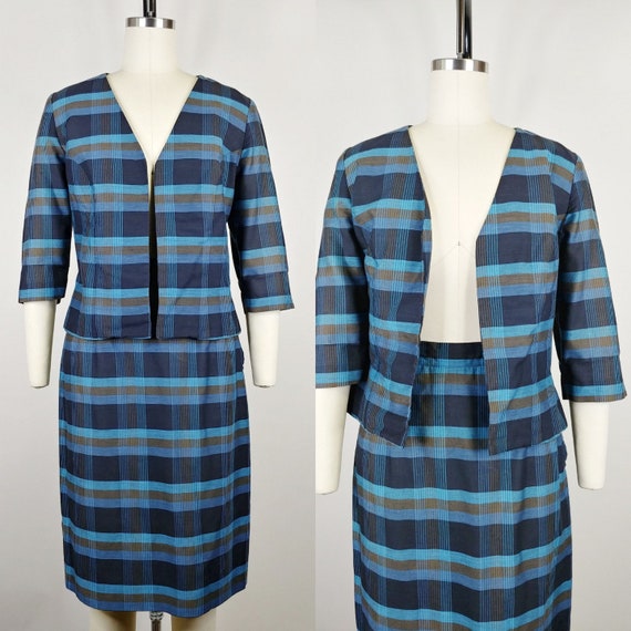 1950s Blue Plaid Skirt Suit Vintage 50s Pencil Skirt and Jacket Womens Two Piece Set Small 26 Waist Etsy Canada