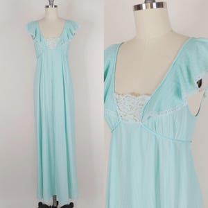 1970s Aqua Blue Cage Bust Nylon Nightgown | Vintage 70s Maxi Nightdress