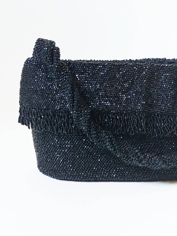 1940s Black Glass Bead Cloth Fringe Purse | Vinta… - image 3