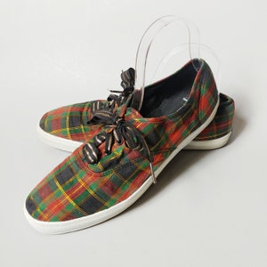 1990s Keds Holiday Sneakers | Vintage 90s Red Gold Green Plaid Tennis Shoes | Women&#39;s Lace Up Shoes 10 M