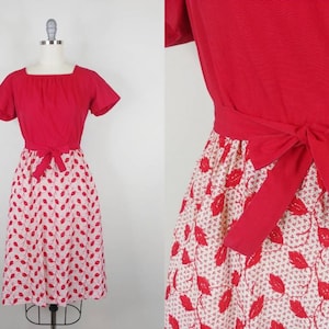 1950s Swirl Red and White Calico Cotton Wrap Dress | Vintage 50s Short Sleeve House Dress | Womens Clothing XS Small