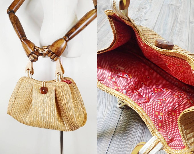 1960s Large Straw Beach Tote | Vintage 60s Red Floral Lined Woven ...