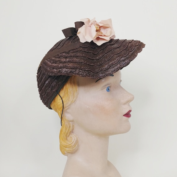 1940s Brown Straw Baby Hat Vintage 40s Pink Floral Brimmed Bonnet