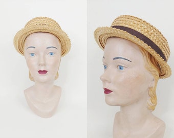 1930s Summer Straw Boater | Vintage 30s Carson Pirie Scott Co Skimmer | Women's Hats