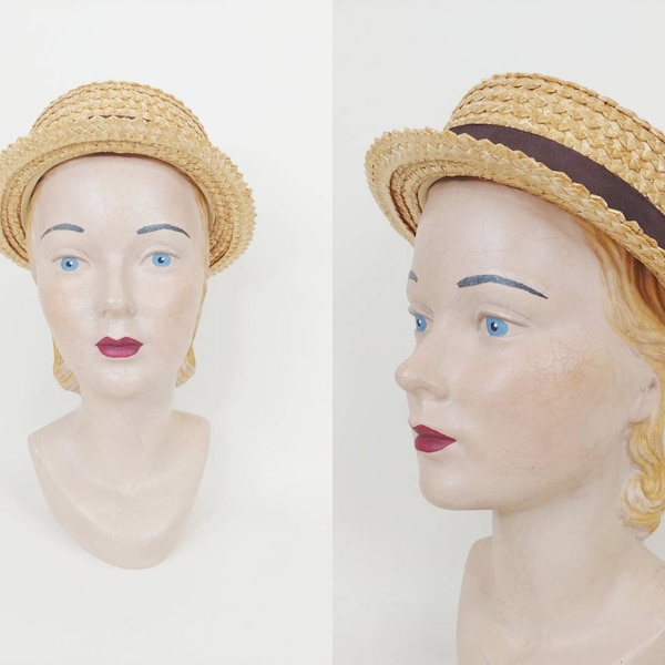 1930s Summer Straw Boater | Vintage 30s Carson Pirie Scott Co Skimmer | Women's Hats