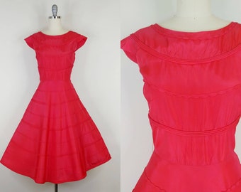 1950s Cherry Red Taffeta Party Dress | Vintage 50s Fit n Flare Formal Dress | Women's Clothing Small Medium 27 Waist