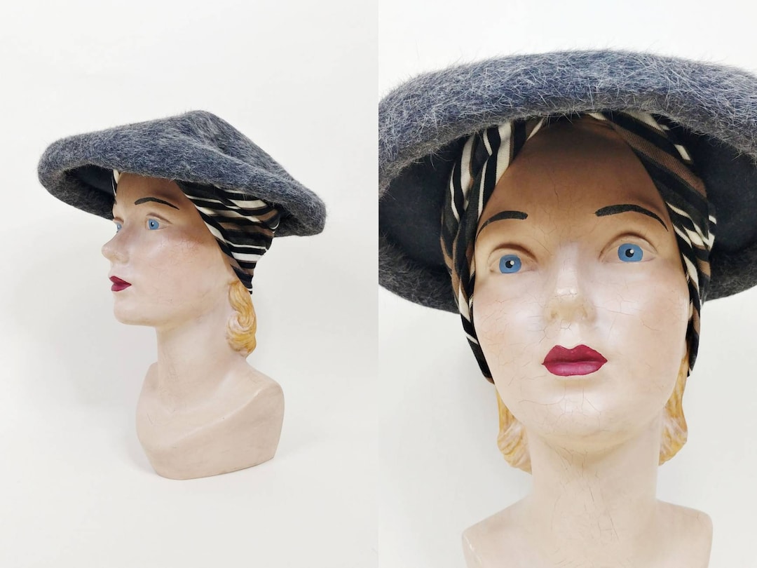 1940s Mushroom New Look Heather Grey Sculpted Saucer Hat Vintage 40s