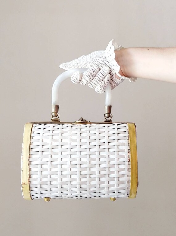 1960s White Faux Wicker Purse | Vintage 60s Woven