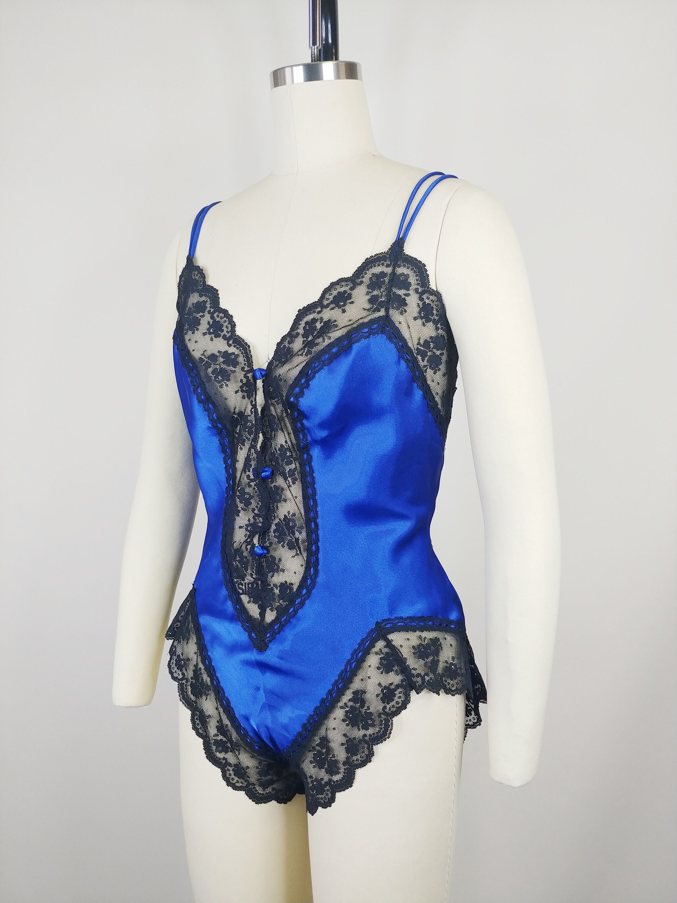 1980s Blue Satin Teddy | Vintage 80s Women's Lingerie - Etsy