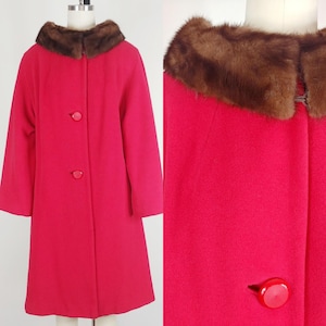 1960s Red Cashmere Winter Coat | Vintage 60s Mink Collar Box Coat