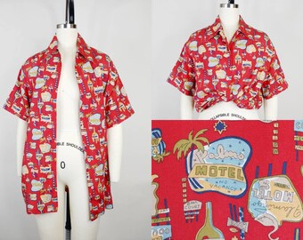1990s Liz Claiborne Retro Motel Novelty Print Rayon Blouse | Vintage 90s Red Hotel Sign Button Down Collared Top | Women's Clothing Small