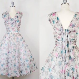 1950s Hearts and Flowers Novelty Print Dress | Vintage 50s Pink Blue White Nylon Chiffon Party Dress | Women&#39;s Formal Gown XS