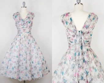 1950s Hearts and Flowers Novelty Print Dress | Vintage 50s Pink Blue White Nylon Chiffon Party Dress | Women&#39;s Formal Gown XS