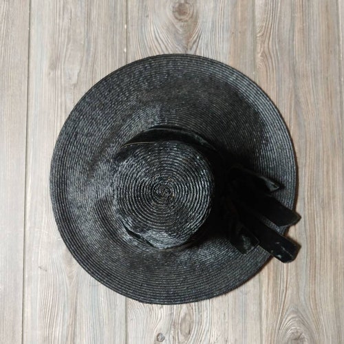 1940s Leslie James Black Straw Picture Hat | Vintage 40s Wide Brim Portrait Hat shops | Women's Hats