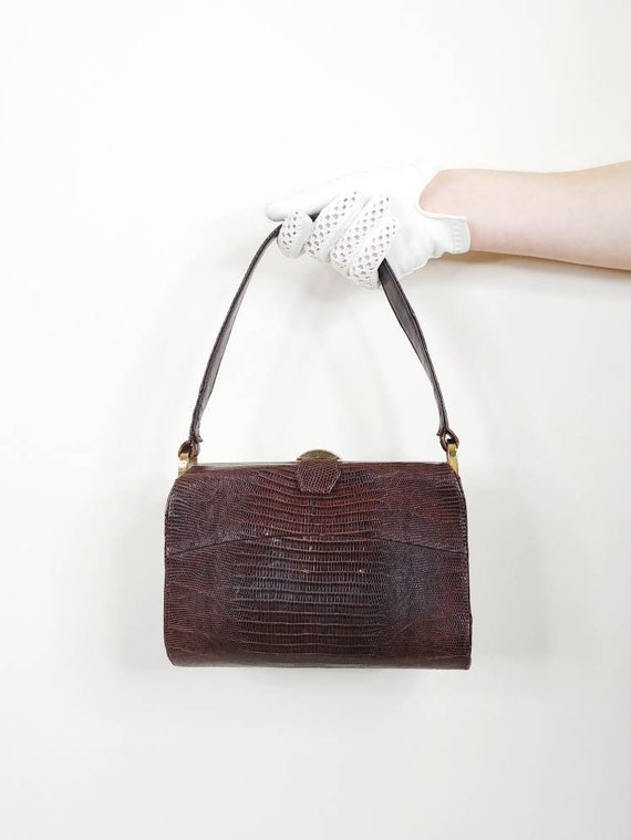 1950s Lizard Skin Handbag | Vintage 50s Brown Rep… - image 2