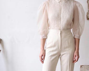 1950s Puff Sleeve Nylon Blouse | Vintage 50s Sheer Button Back Top