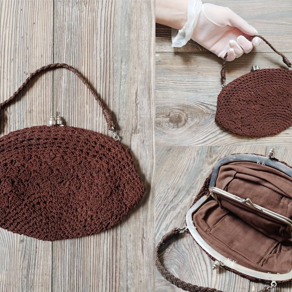 1940s Brown Crochet Purse | Vintage 40s Mini Handbag  | Women's Accessories
