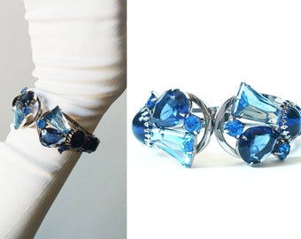 1950s Blue Faceted Rhinestone Statement Bracelet | Vintage 50s Silver Tone Metal Clamp Bracelet | Women's Costume Jewelry
