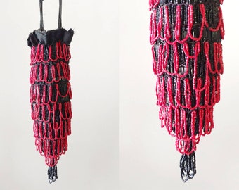 Victorian 1900s Black and Red Beaded Reticule with Tassel | Antique Edwardian Drawstring Evening Bag  | Women's Formal Accessories