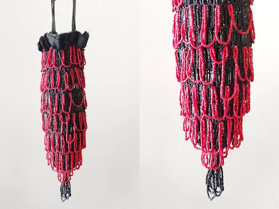 Victorian 1900s Black and Red Beaded Reticule wit… - image 1