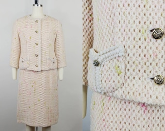 1960s Saks Fifth Avenue Skirt Suit | Vintage 60s Cream Pink Green Pencil Skirt and Box Jacket | Womens Two Piece Set XS 25 Waist