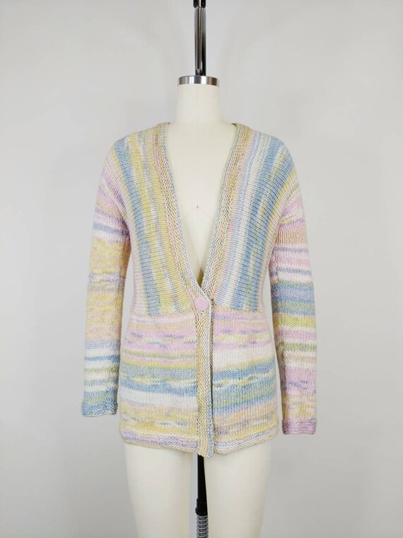 1970s Pastel Rainbow Hand Knit Cardigan | Vintage… - image 2