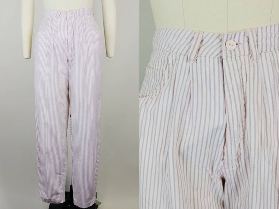 1980s Flamingo Pink Grey Pinstriped Cotton Pant S… - image 5