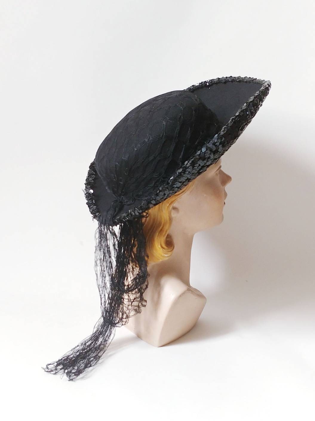 1940s Sequined Black Felt Picture Hat | Vintage 40s Sequin  display picture 1