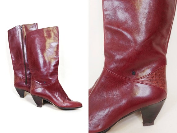 vintage Aigner burgundy leather mid calf high heeled boots 70s – hong kong  vintage